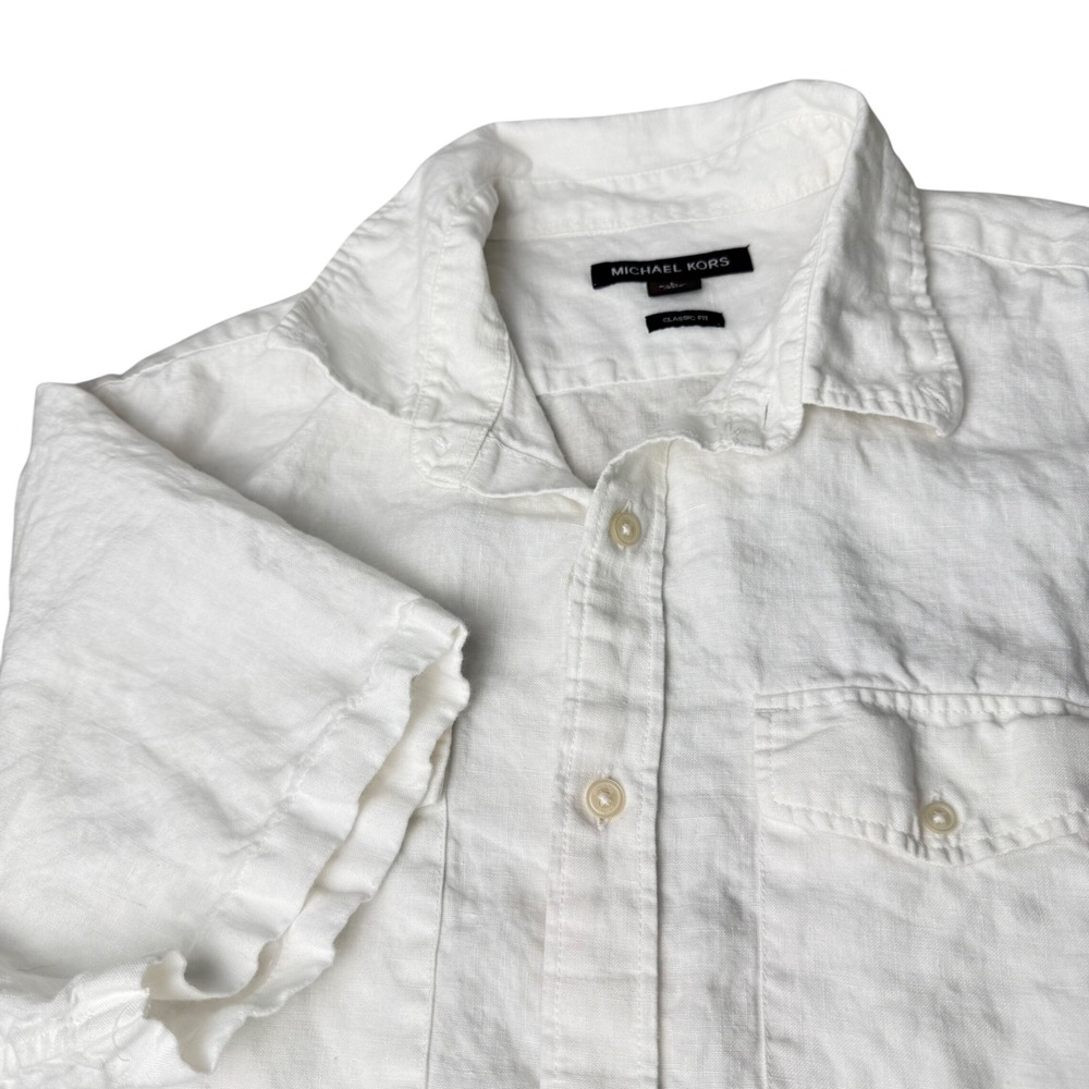Michael Kors Linen Button Down Shirt Mens Large White‎ Short Sleeve Summer Beach